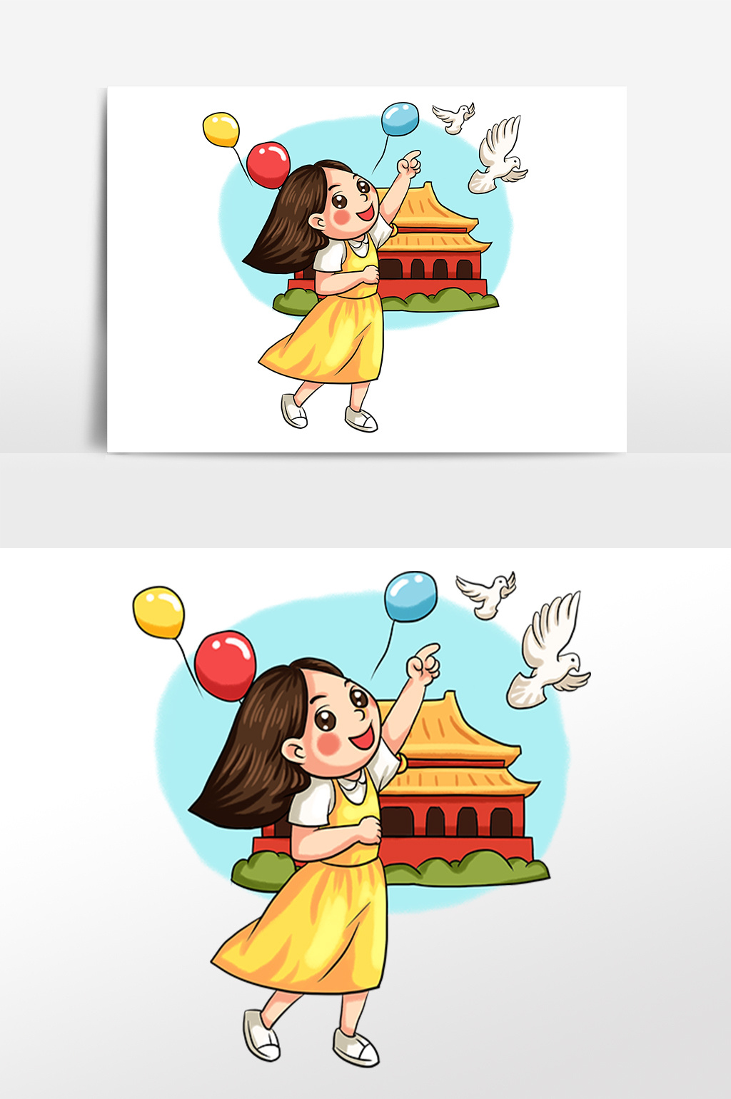 手绘国庆节女孩天安门插画素材