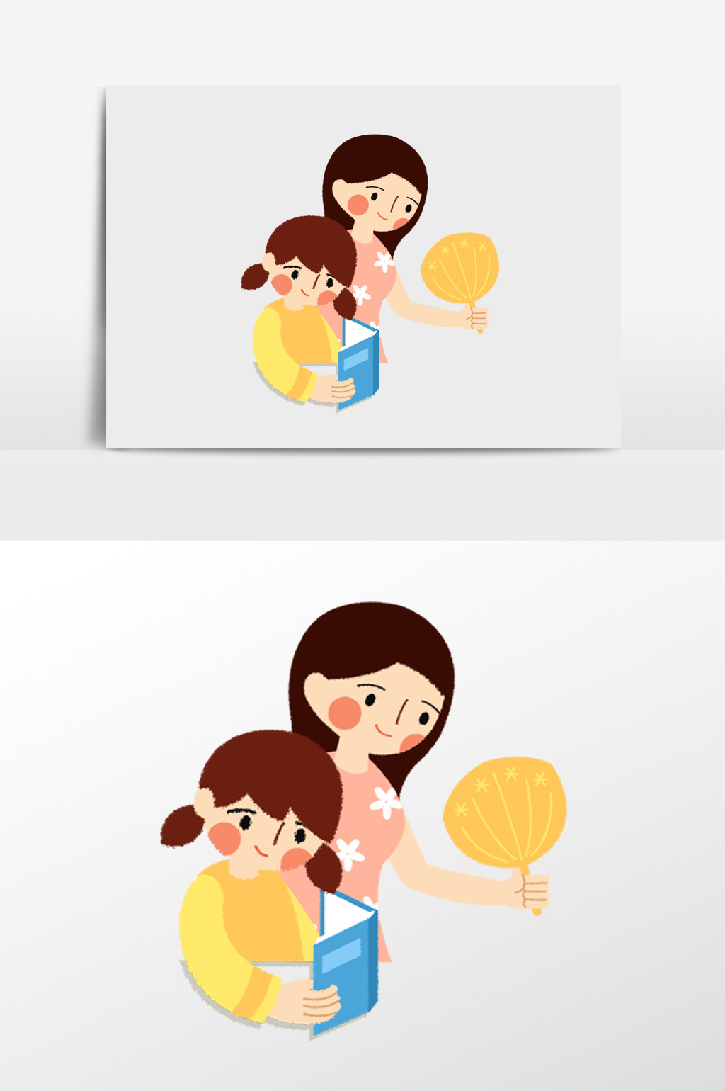 母亲为看书的女孩扇风插画元素