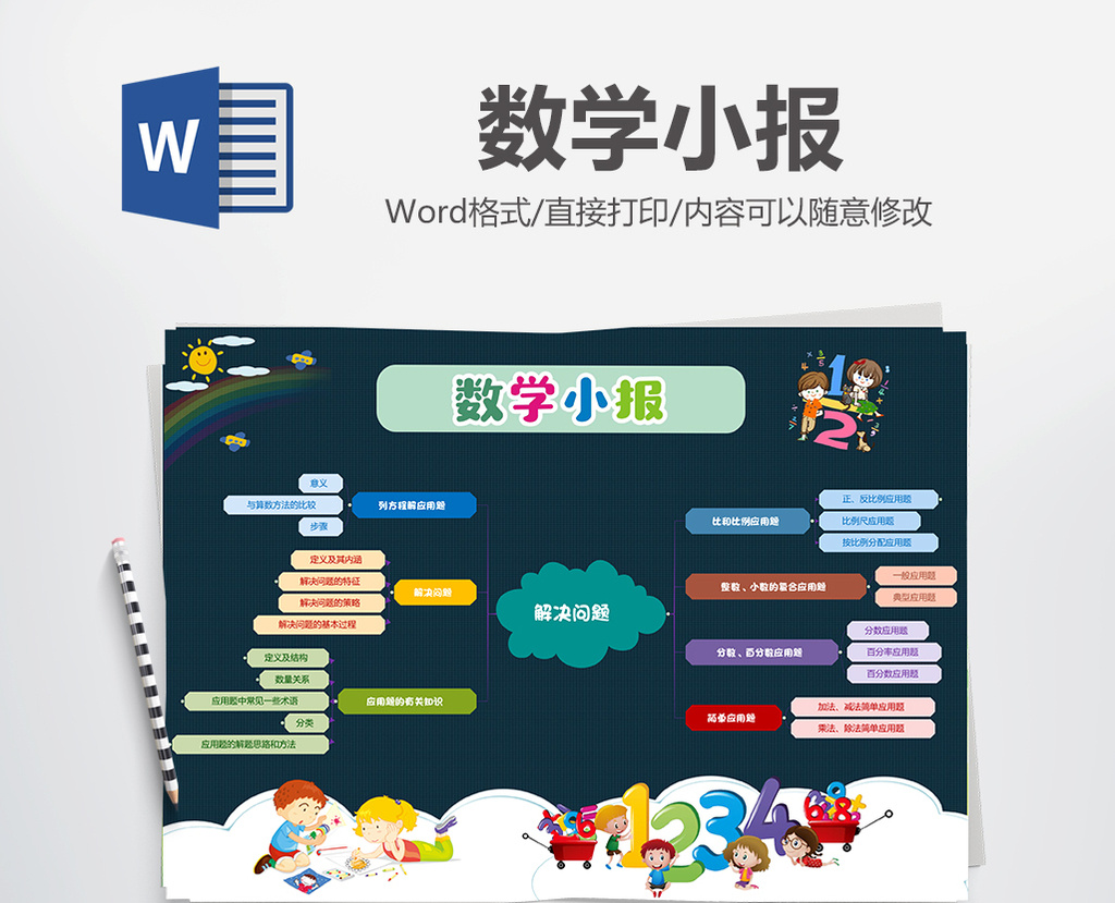 卡通思維導圖數學小報手抄報word模板