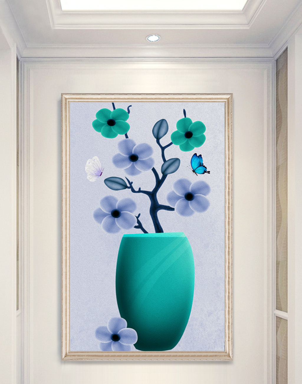 现代手绘油画蝴蝶花瓶花卉玄关装饰画