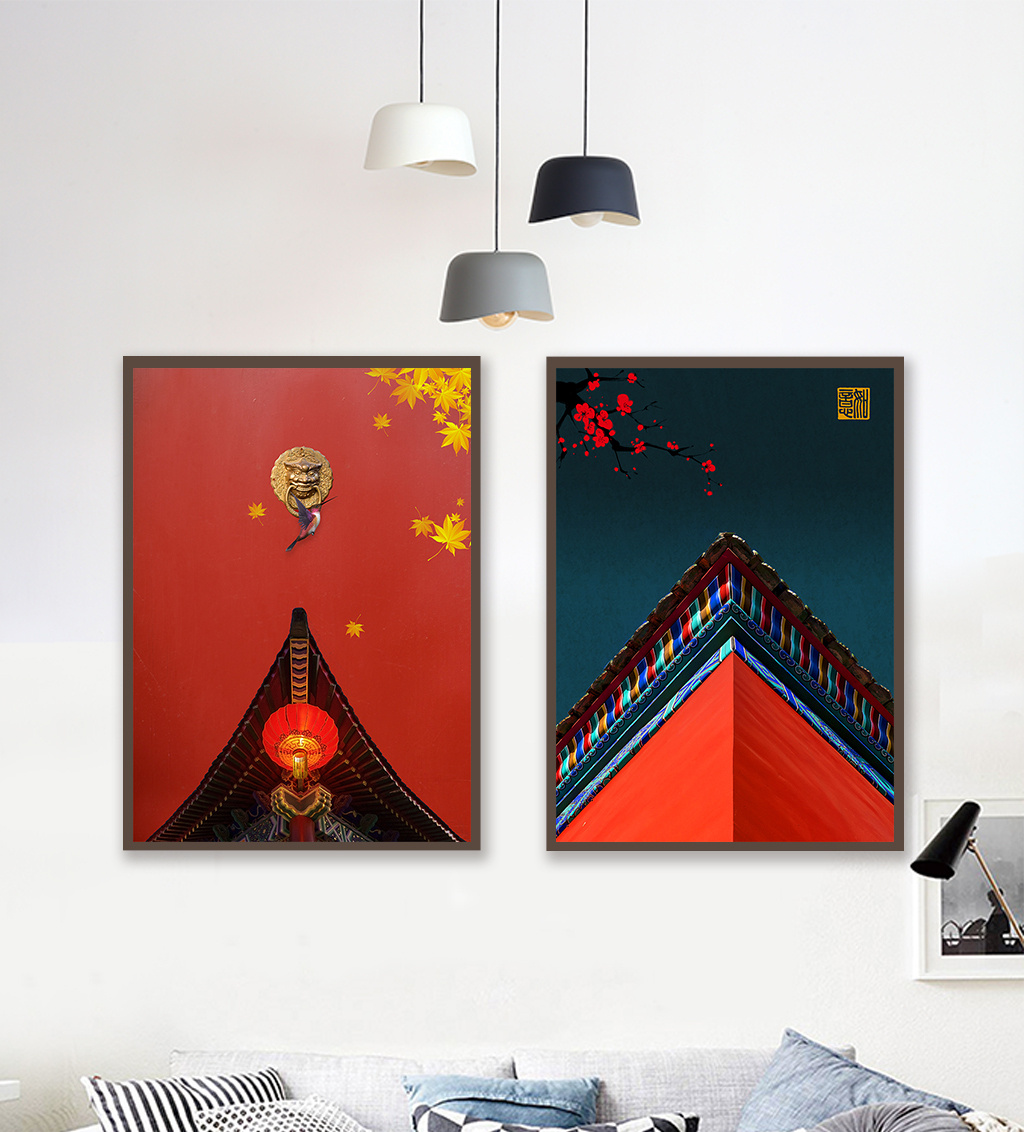 中国风复古宫廷故宫红墙二联装饰画