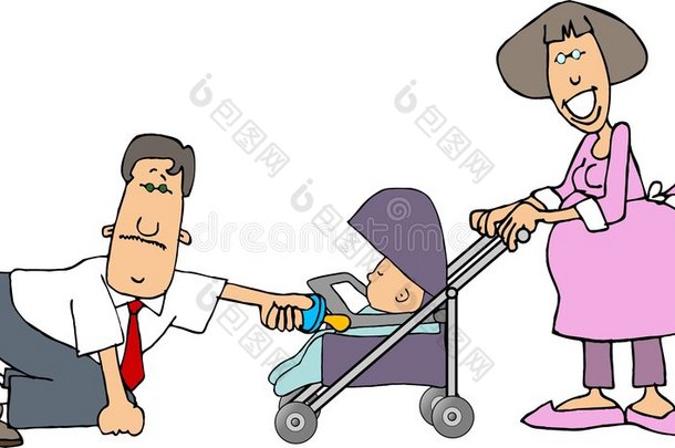 妈妈，爸爸和一个婴儿在婴儿车里