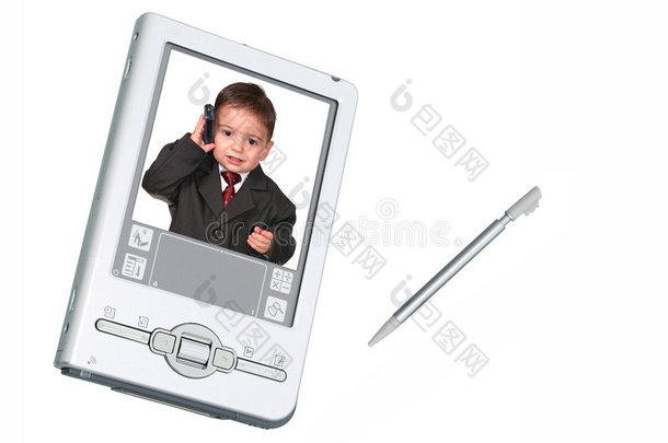 数码相机pda和白色触笔，带幼儿，带手机