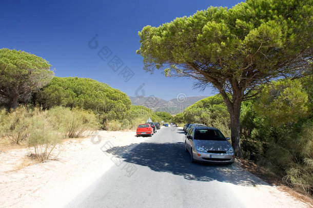 停在西班牙南部塔里法沙地上的汽车