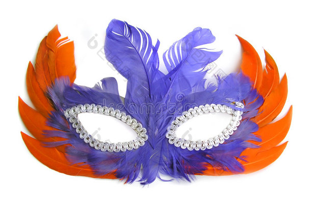 橙色和紫色羽毛的嘉年华面具