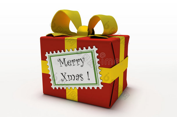 白色背景的红色礼品盒，印有“欢乐圣诞”的标签
