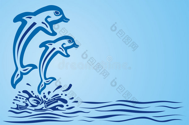 两只海豚跳过波浪
