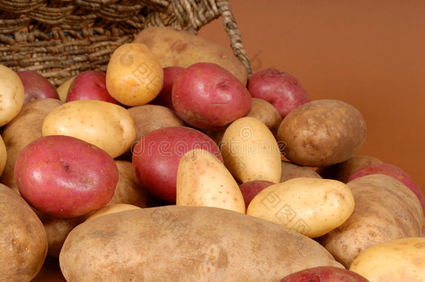 红土豆的特写镜头，红土豆和白土豆从浴盆里洒出来