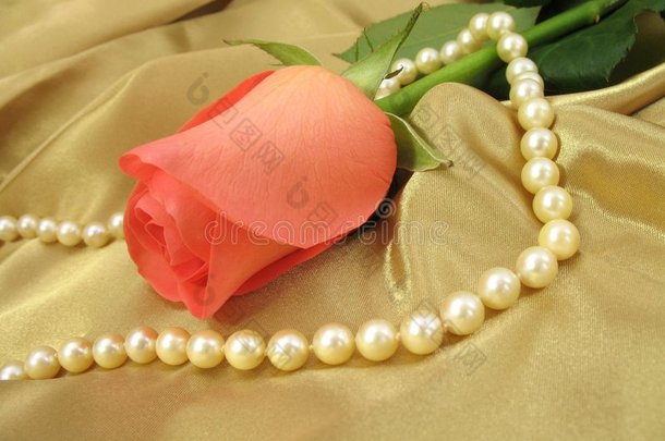 金色缎子上的粉红玫瑰和珍珠