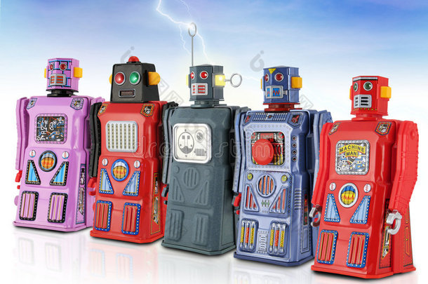 五彩缤纷的锡制玩具机器人大军