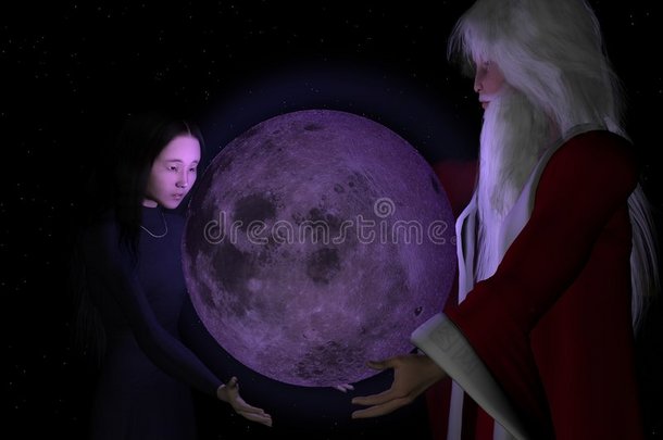 一个3d女人，圣诞老人和月亮。