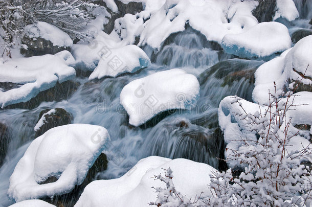 冬季山溪瀑布和降雪