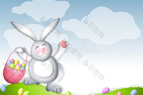 复活节兔子提着一篮子蛋跳来跳去