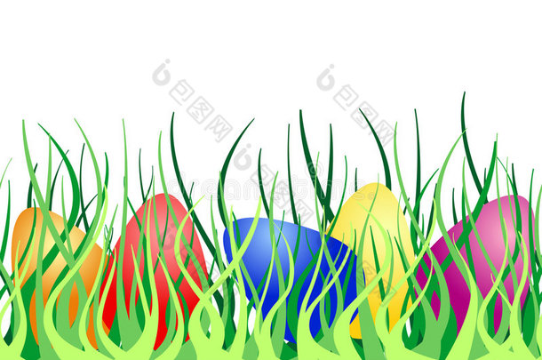 绿色草地上有复活节彩蛋的无缝边框