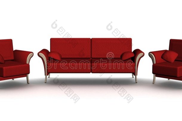 红色真<strong>皮沙发</strong>和两张扶手椅。内部。