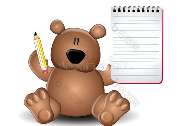 泰迪熊拿着笔记本<strong>铅笔</strong>
