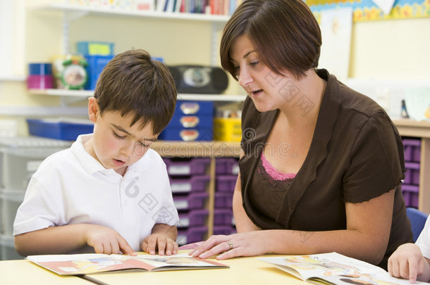 一个小学生和他的老师在课堂上读书