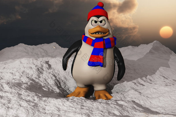 一只企鹅在雪地里看起来很生气