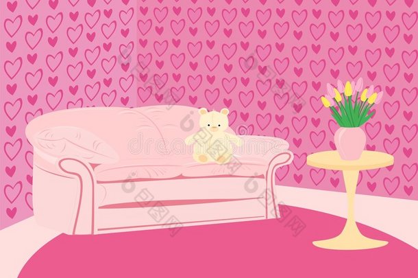 女孩的粉红色房间，粉红色沙发和泰迪熊