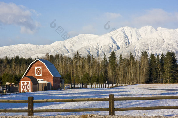 冬季景观中的红色谷仓