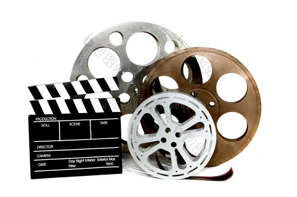 电影制作-白色拍板和电影盒