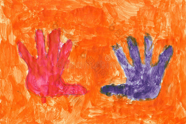 红色和紫色的手放在橙色的背景上