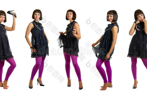 穿着深色<strong>连衣裙</strong>和淡<strong>紫色</strong>长袜的女孩