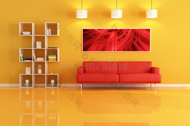 客厅，带<strong>书柜</strong>和红色真皮沙发