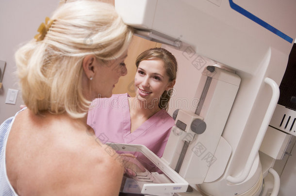护士协助病人做乳房X光检查