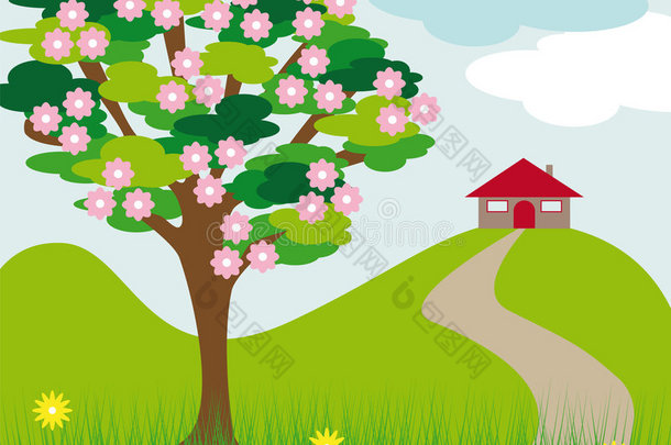桃花树山和房子