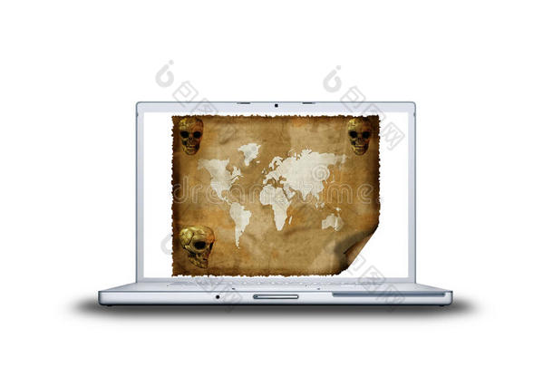 笔记本电脑屏幕上的旧世界地图