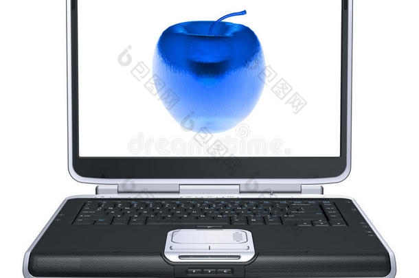 笔记本电脑屏幕上的玻璃苹果，白色隔离