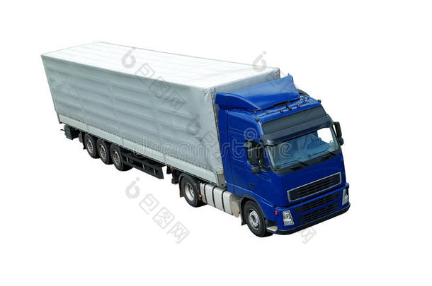 带灰色拖车的蓝色隔离卡车（上图）