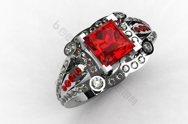 3d白金公主切割红宝石订婚戒指