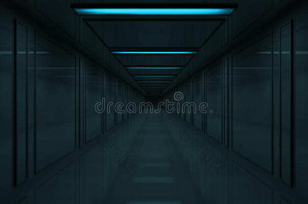 天花板上带<strong>蓝色</strong>灯的3d黑暗走廊