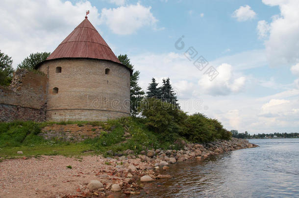 湖边中世纪城堡的望塔