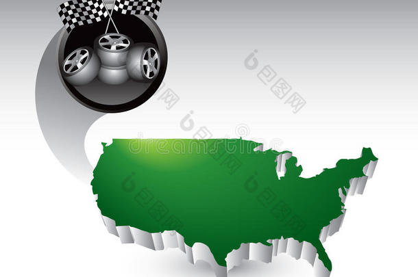 美国标志上的赛车轮胎和旗帜
