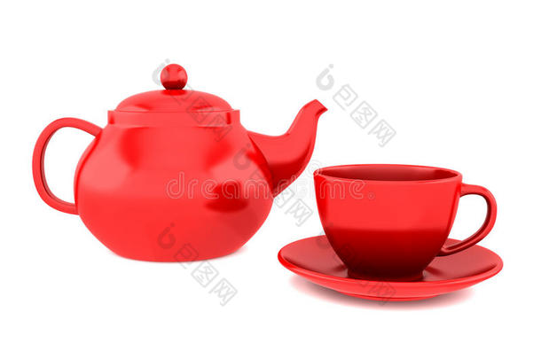 白色隔离的红色茶壶和茶杯
