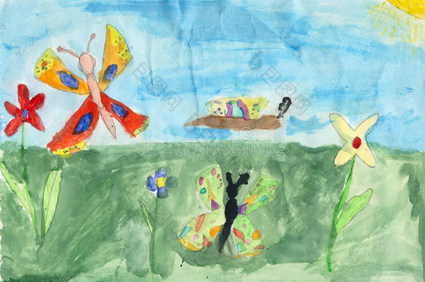 孩子们在纸上画画-蝴蝶