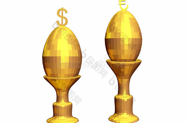 两个金蛋摆在架子上。