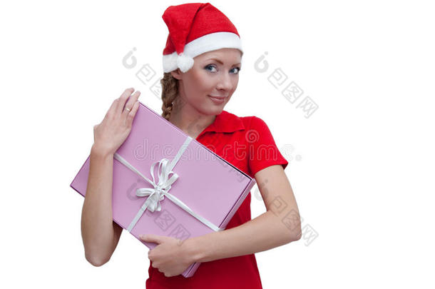 带<strong>粉色礼品盒</strong>的快乐圣诞助手