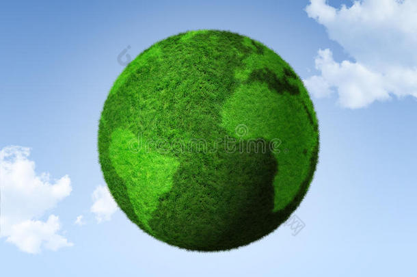蓝天上的三维绿草地球仪