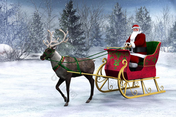 驯鹿和圣诞老人拉雪橇。