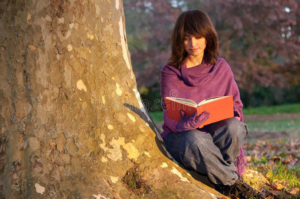 在大自然中读书的年轻女子