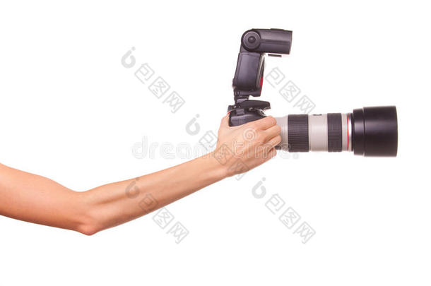 女人的手拿着相机。