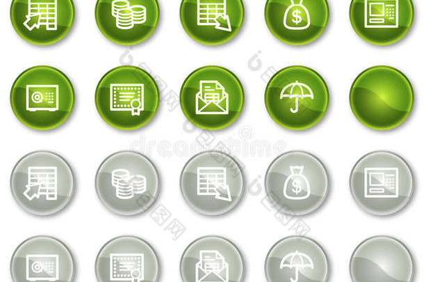 银行网络图标、绿色和灰色圆圈按钮
