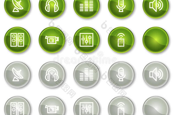 媒体网络图标、绿色和灰色圆圈按钮