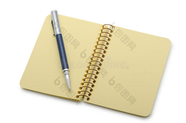 笔和笔记本呈螺旋形，上面有一张黄色的纸