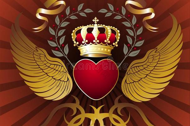 背景：心形、翅膀和金色皇冠