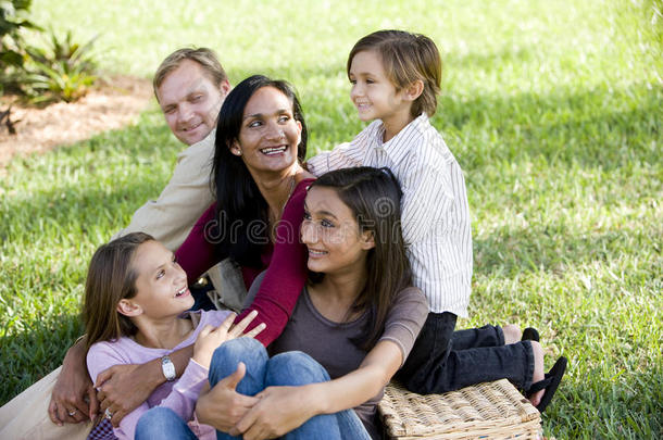 快乐的异族五口之家享受野餐
